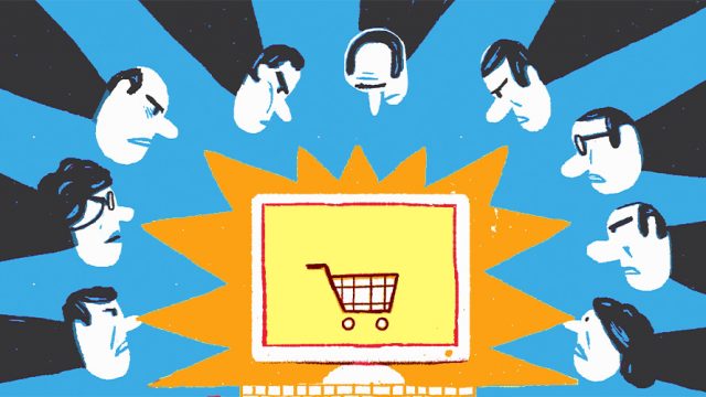 Illustration of people looking angrily at a computer