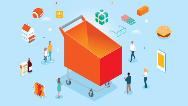 illustration of a giant orange shopping cart surrounded by products and people