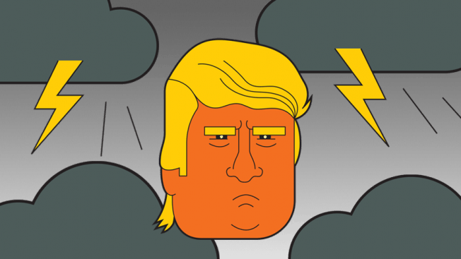 Illustration of Donald Trump's face with a storm in the background