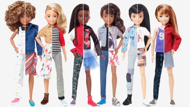 six Barbie dolls cut in half between male and female