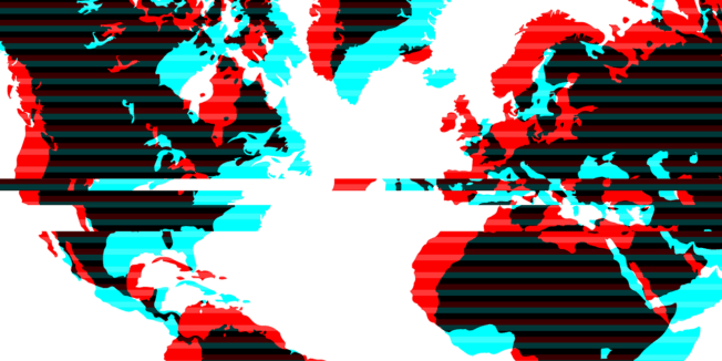 distorted world map in black, green, white and blue