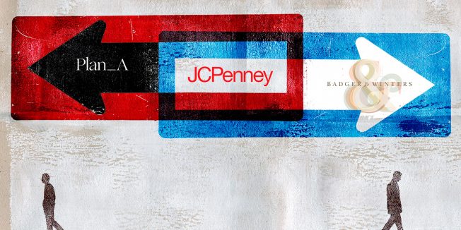 Illustration of arrows that say Plan A and Badger & Winters pointing away from JCPenney in the middle