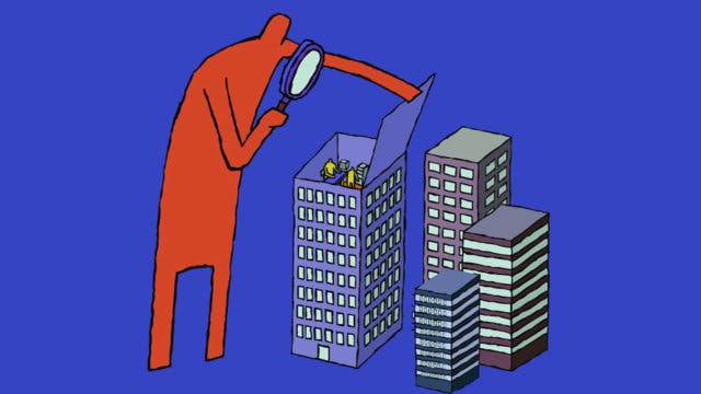 a large red figure opening a building and looking into it with a microscope