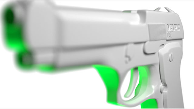 A white and green 3-D printed gun conceals a vape device