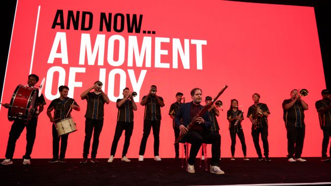 Rainn Wilson performs with LaLa Brass at NewFronts West.