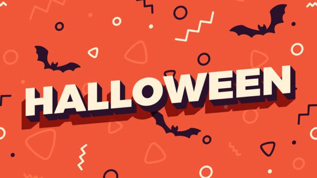Halloween text on orange background with shapes and bat silhouettes