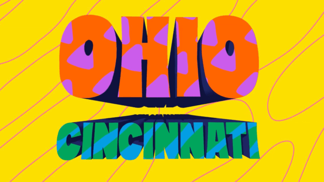A yellow background with pink circles that says, 'Ohio Cincinnati' in the middle