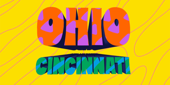 A yellow background with pink circles that says, 'Ohio Cincinnati' in the middle