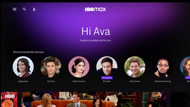 HBO Max screen showing content curated for the viewer as 