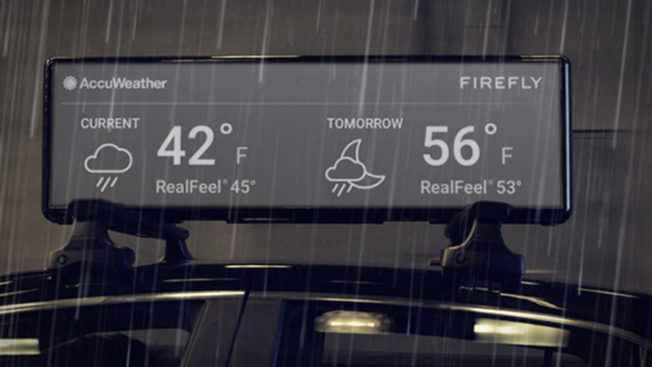 taxi-top ad by firefly showing the weather by AccuWeather