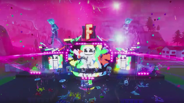 A screenshot of a Marshmello concert on the game Fortnite