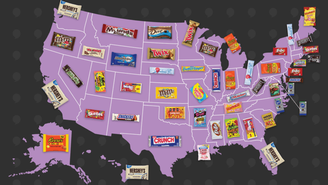 map of the united states with photos of candy packages on each state