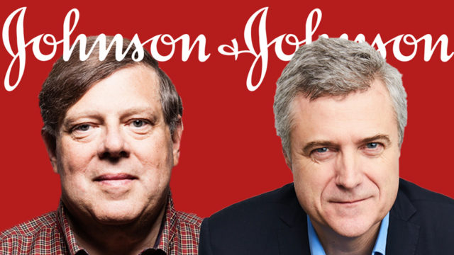 Headshot of Mark Penn and Mark Read on a red background with johnson and johnson logo