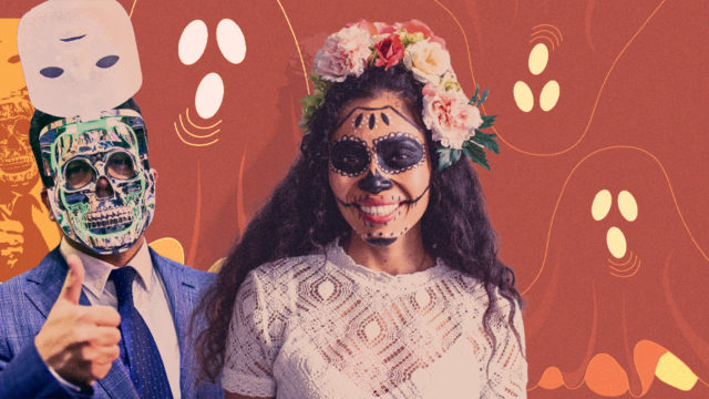 People with Halloween masks and Dia de Muertos makeup