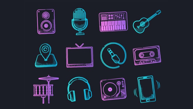 Icons related to music such as guitar, speaker, drums, and more in cyan and purple