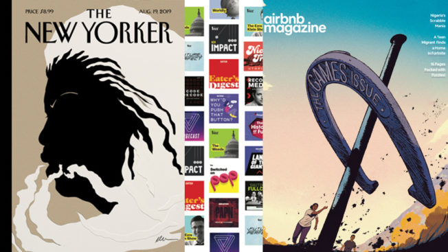 A collage of Adweek's 2019 Publishing Hot List winners including The New Yorker, Vox and Airbnb Magazine