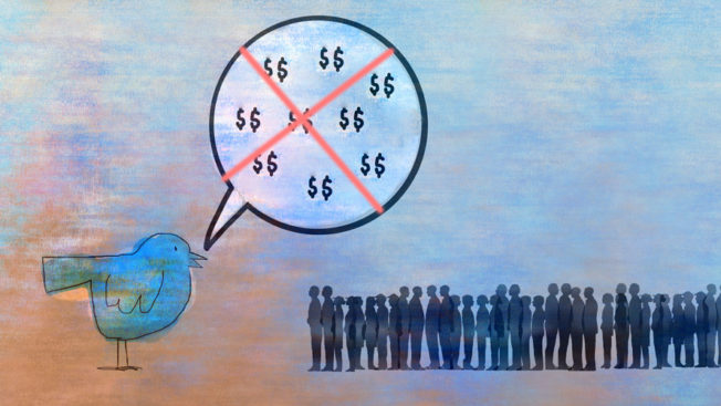 Image of red X over a speech bubble with dollar signs on it next to a blue bird and a crowd of people