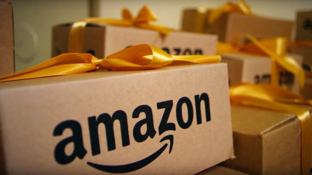 Amazon boxes with yellow ribbons