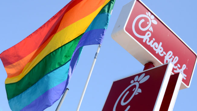 rainbow flag and chick-fil-a signage