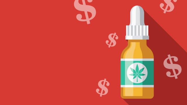 Illustration of CBD oil surrounded by dollar signs
