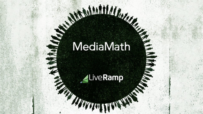 MediaMath, LiveRamp logos inside black circle surrounded by silhouettes of people