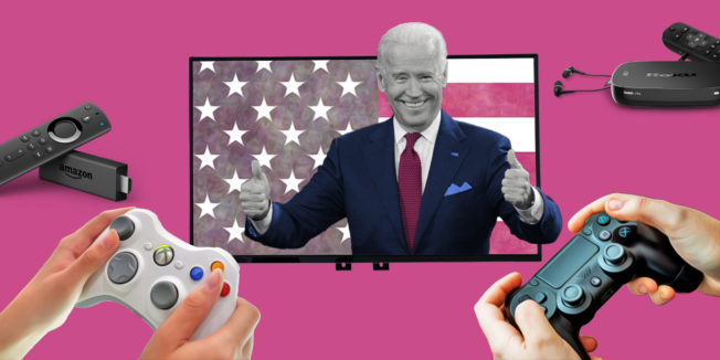 Joe Biden on a TV screen surrounded by devices such as xbox controller, ps4 controller, amazon fire stick and roku