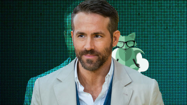 Portrait of Ryan Reynolds with Mint Mobile mascot over his shoulder