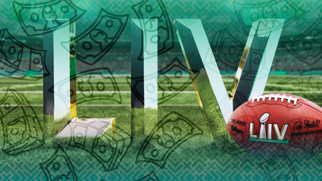 Superbowl LIV logo and football on grass with cash illustrations falling