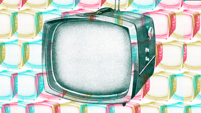 Illustration of a giant tv in the center surrounded by smaller tvs in different colors
