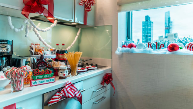 Kitchen with spaghetti, candies, and christmas decorations