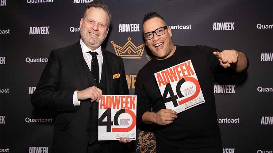 TBWA\Chiat\Day’s Rob Schwartz, CEO, New York, and Doug Melville, chief diversity officer, North America, show off Adweek’s 40th anniversary issue.