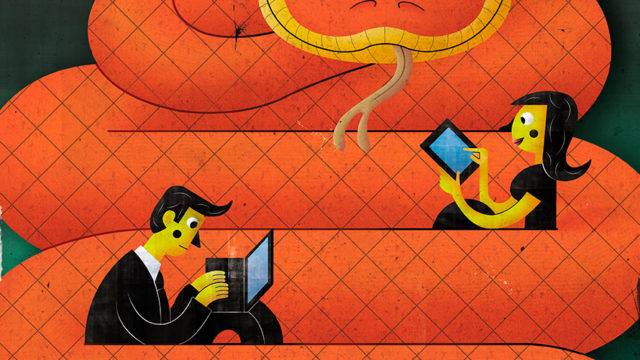 Illustration of a coiled snake with people sitting on it while using devices
