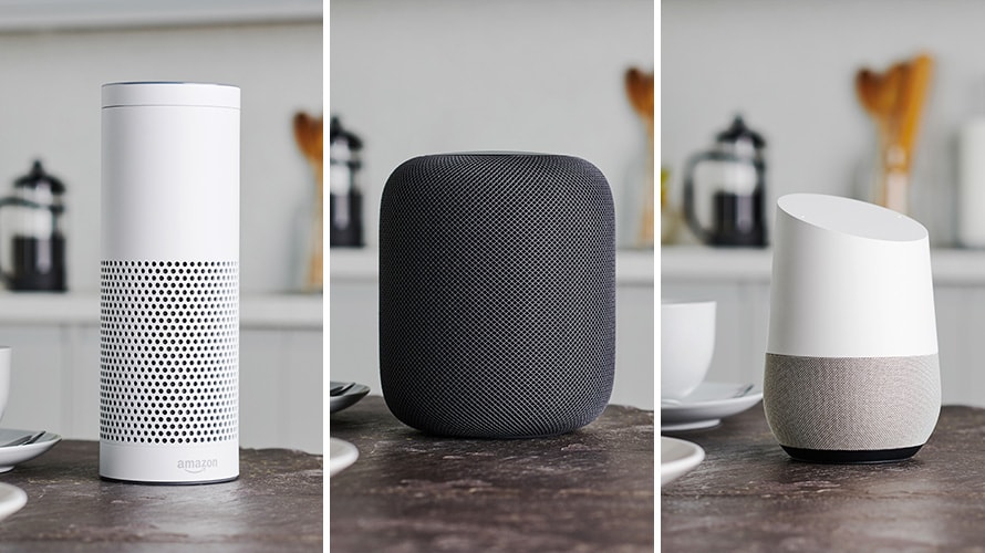 Triptych product shots of Amazon Echo, Apple HomePod, and Google Home