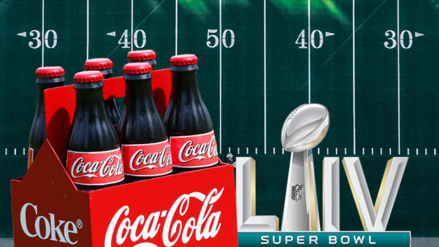 Coca-Cola 6 pack, Superbowl LIV logo, with an overhead shot of a football field