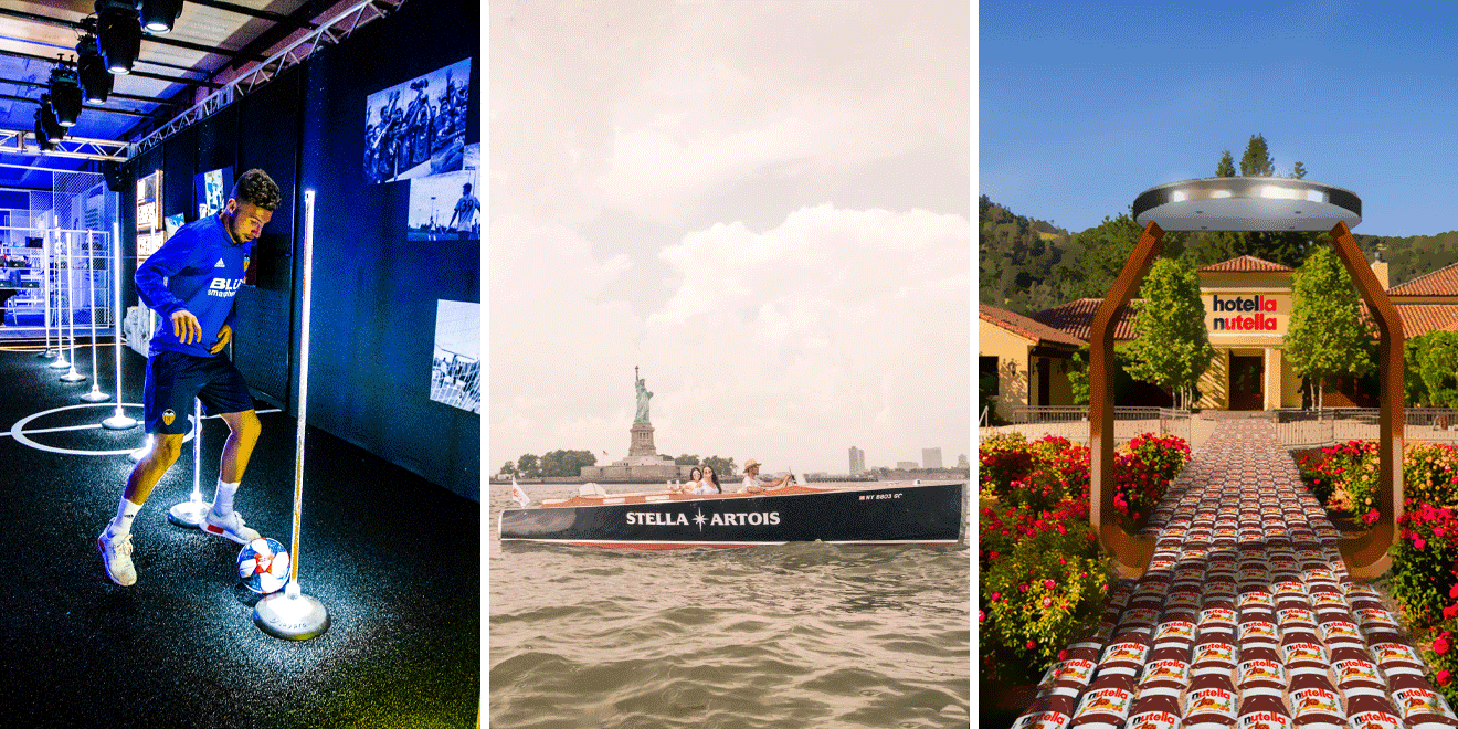Three images that include a person with a soccer ball, three people on a Stella Artois boat in front of the Statue of Liberty and an exterior shot of Hotella Nutella
