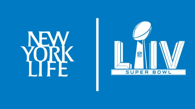 logos of new york life and the super bowl 54 next to each other