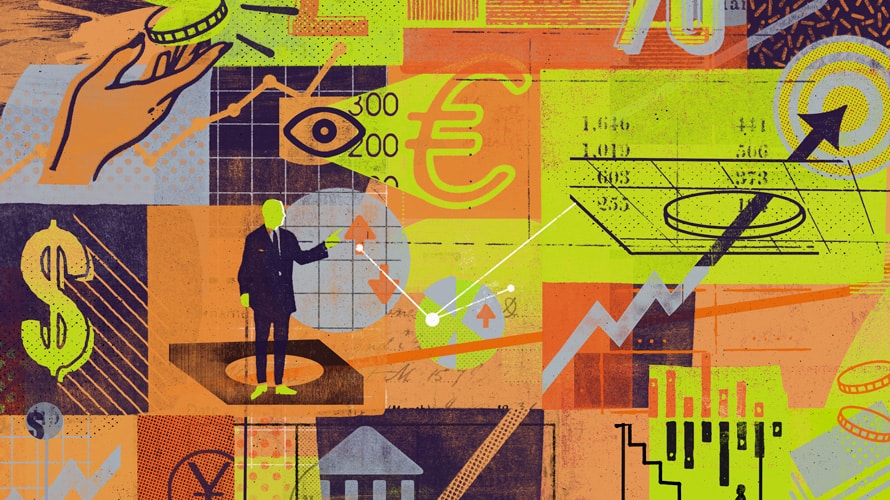 illustration of a man standing on a platform with dollar signs and other obscure things floating around him