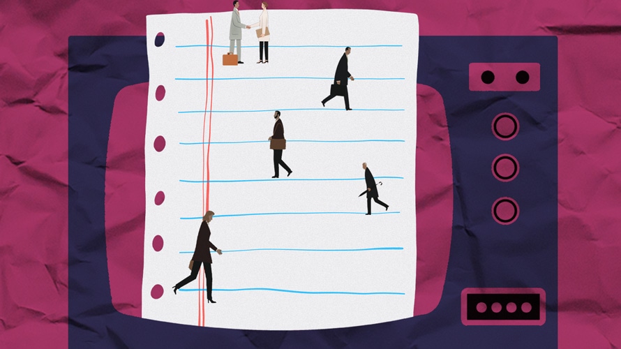 Illustration of people walking on a piece of notebook paper, on top of a TV screen