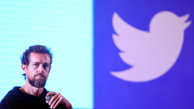 Picture of Jack Dorsey and Twitter logo in the background
