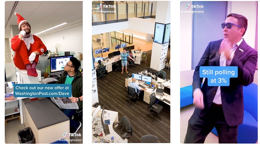 three images from tiktok: one is a man perched on a desk as an elf, another is an empty newsroom, and the third is a man with sunglasses on