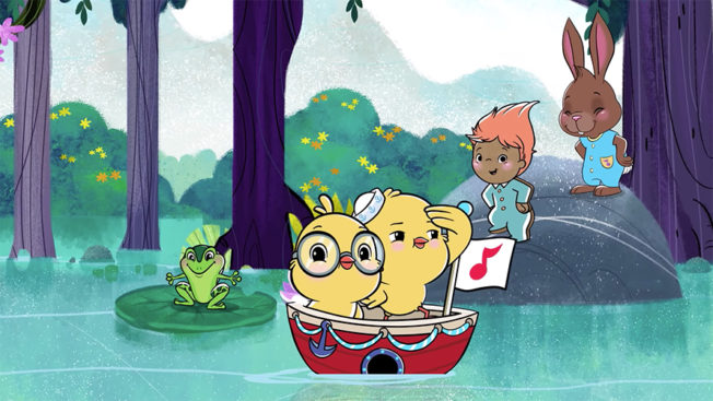 two cartoon characters in a little boat
