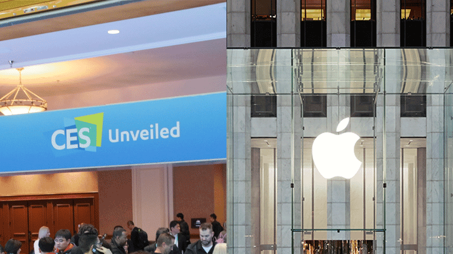 side by side photo of ces unveiled signange, and storefront apple signage