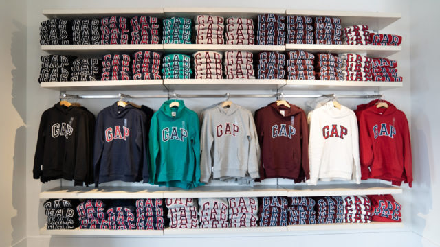 a display of GAP sweatshirts