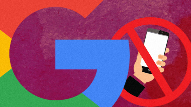 Google logo with a hand holding a mobile device crossed out