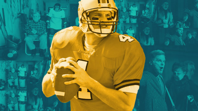 a golden football player getting ready to throw the football with a blue background