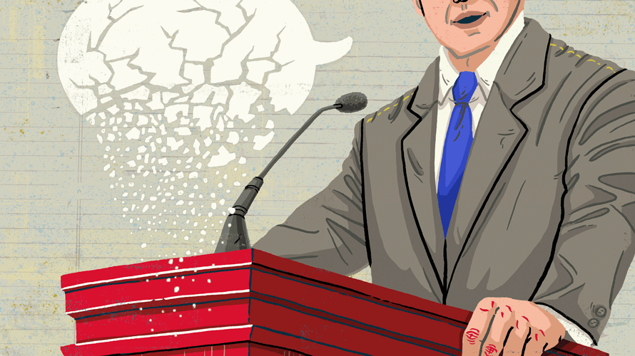 Illustration of a politician making speech with crumbling speech bubble