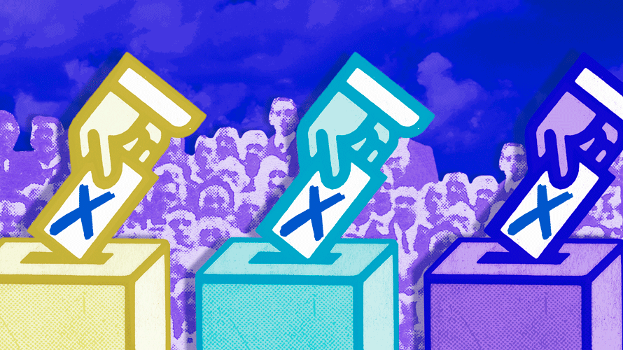 a yellow, blue and purple hand putting ballots into ballot boxes