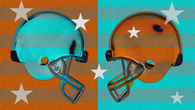 Two football helmets facing off with stars around them.