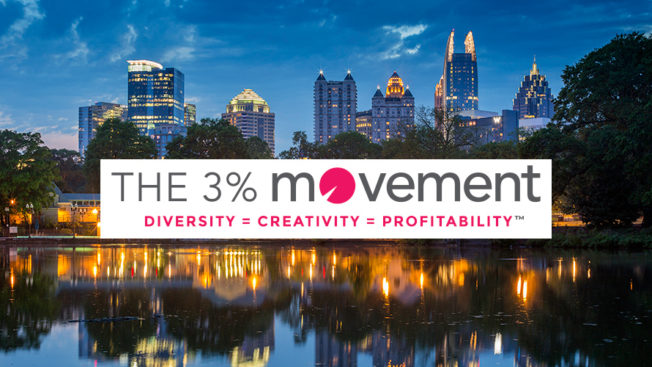 the 3% movement logo with atlanta skyline in the background