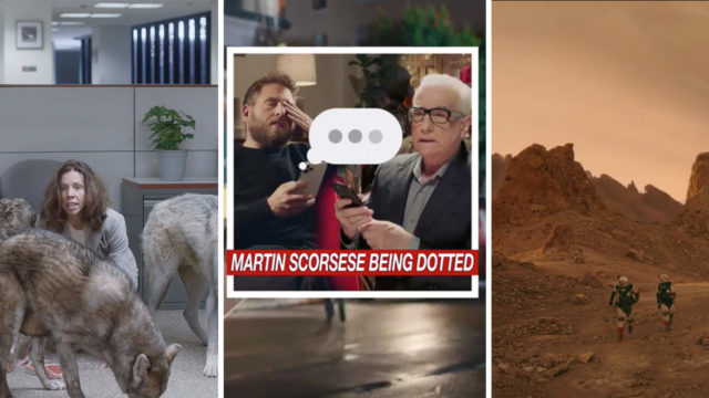 five boxes from super bowl ads, one of a person on a couch, another of people typing with chat bubbles, a shot in the desert